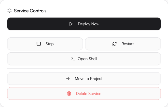 Service controls: Deploy Now, Stop, Restart, Open Shell, Move to Project, Delete Service