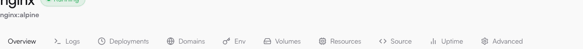 Service detail tabs: Overview, Logs, Deployments, Domains, Env, Volumes, Resources, Source, Uptime, Advanced
