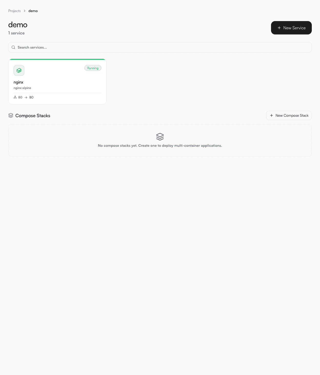 Project detail showing running nginx service